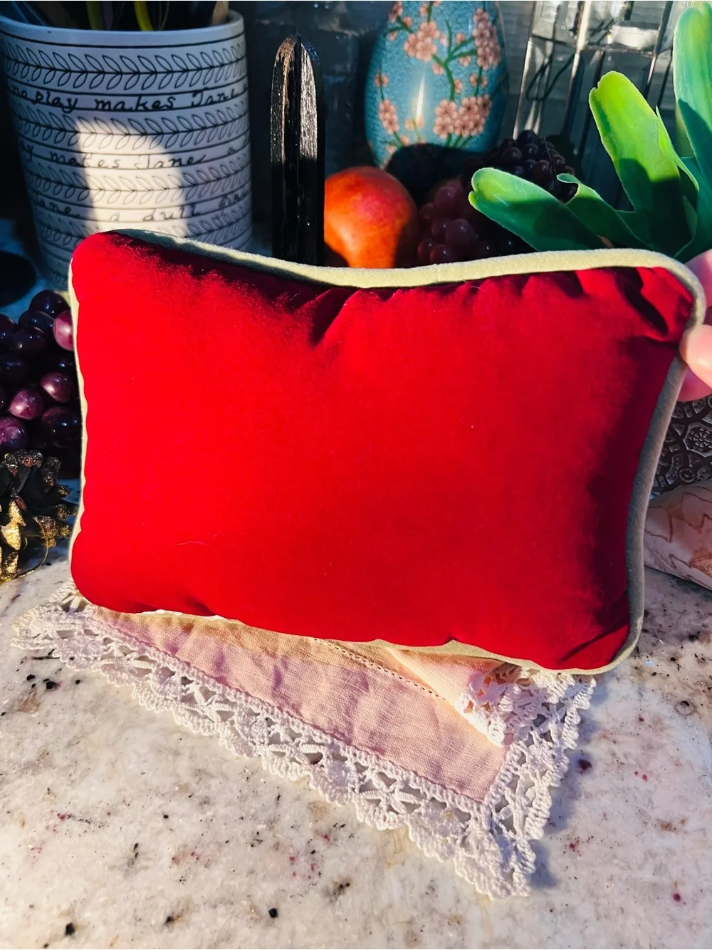 Embroidered 'Happy Holidays' Red Christmas Pillow Like New!